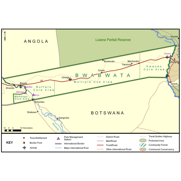 Map showing Bwabwata National Park borders, roads, settlements, and conservation areas in Namibia near Angola and Botswana, highlighting areas significant to the Khwe community.