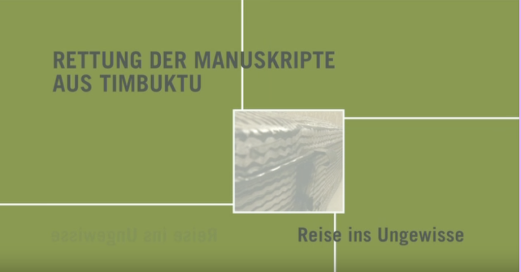 Green cover with text: "Rettung der Manuskripte aus Timbuktu" and "Reise ins Ungewisse," featuring a striking geometric design.