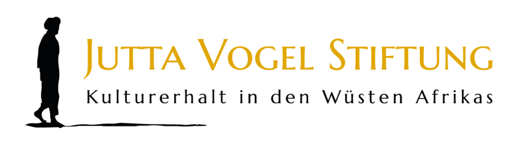 Logo: Silhouette einer Person mit Text: „Jutta Vogel Stiftung, Kulturerhalt in den Wüsten Afrikas“